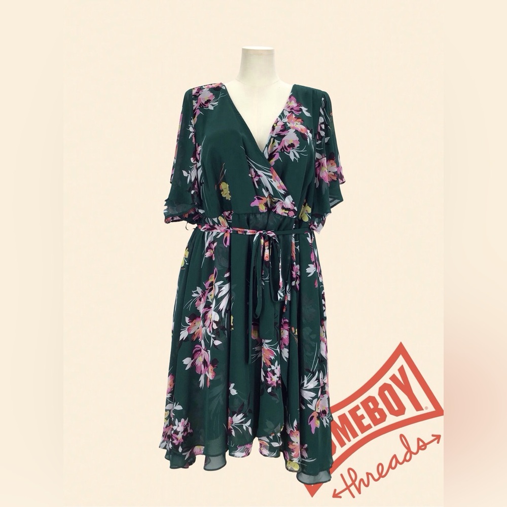 Torrid Pink and Green Flutter Sleeve Wrap Midi Dress size 5